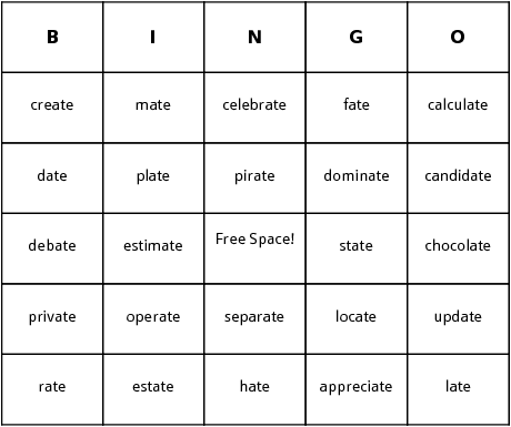 ate ending words bingo cards