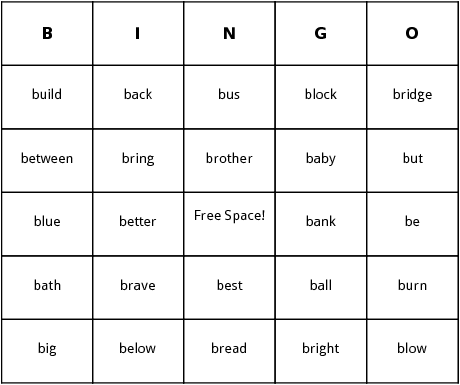 b words bingo cards