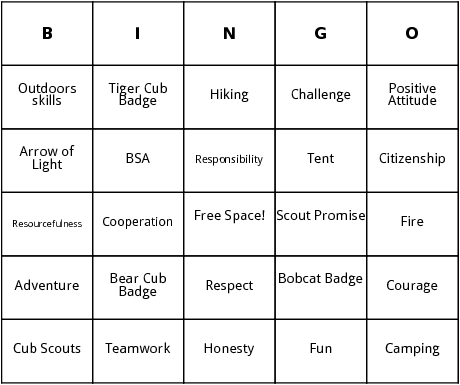 boy scouts bingo cards