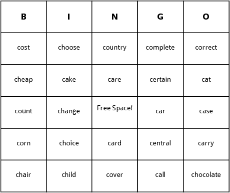 c words bingo cards