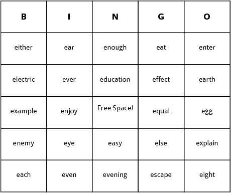 e words bingo cards