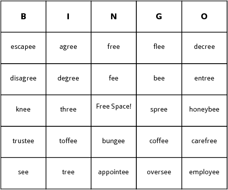 ee ending words bingo cards