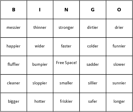 er ending words bingo cards