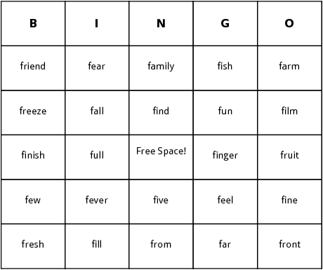 f words bingo cards