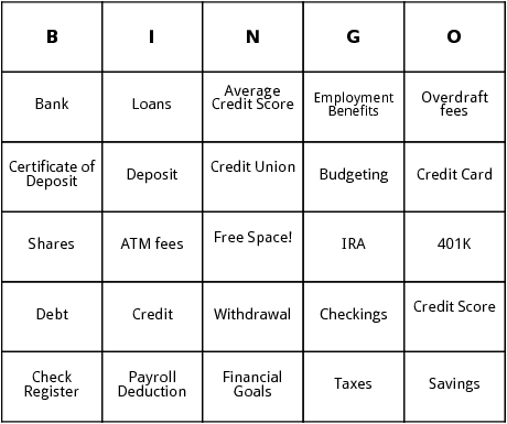 finances bingo cards