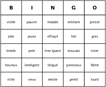 french adjectives bingo cards