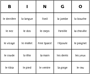 french body parts bingo cards