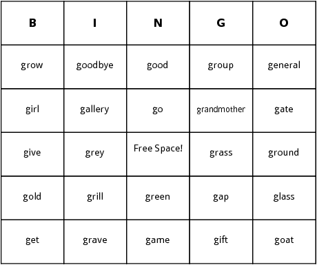 g words bingo cards