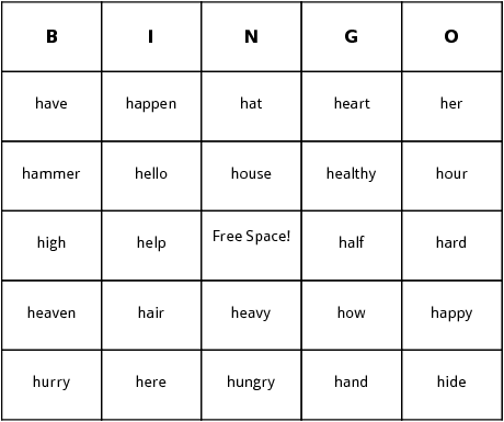 h words bingo cards