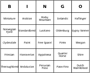 horse breeds bingo cards