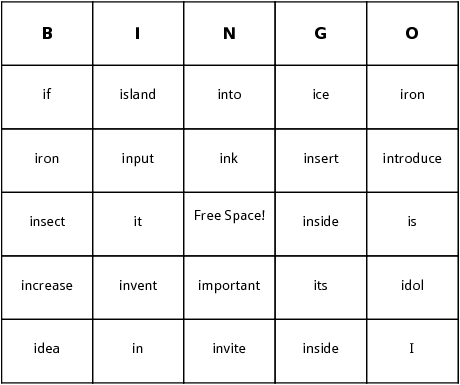 i words bingo cards