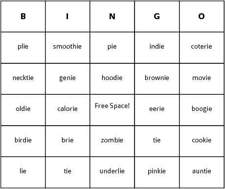 ie ending words bingo cards