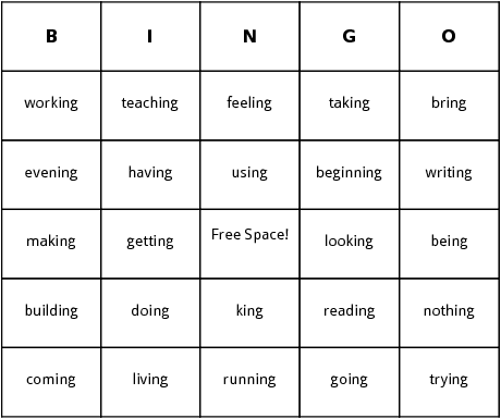 ing ending words  bingo cards