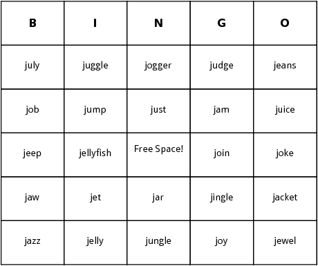 j words bingo cards