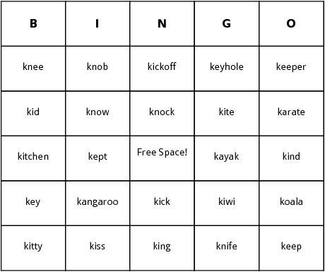 k words bingo cards