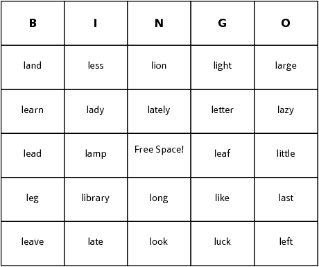 l words bingo cards