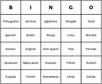 languages bingo cards