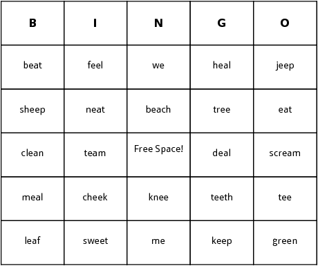 long e words bingo cards