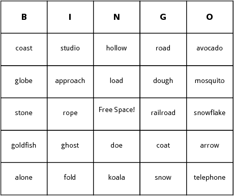 long o words bingo cards