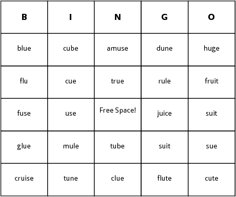 long u words bingo cards