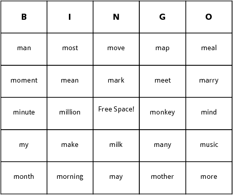 m words bingo cards