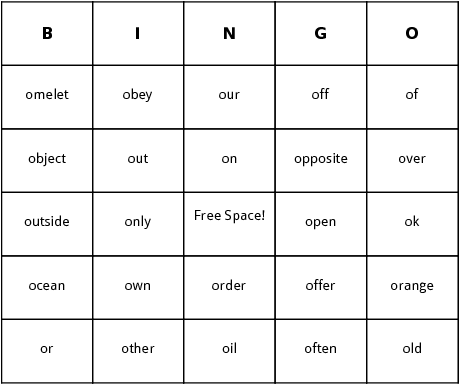 o words bingo cards
