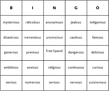 ous ending words bingo cards