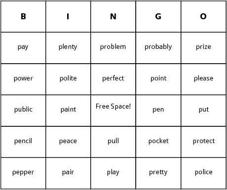 p words bingo cards
