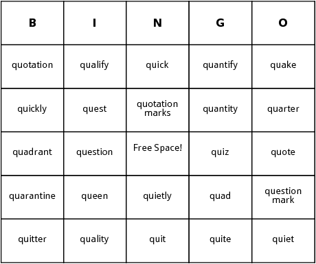q words bingo cards