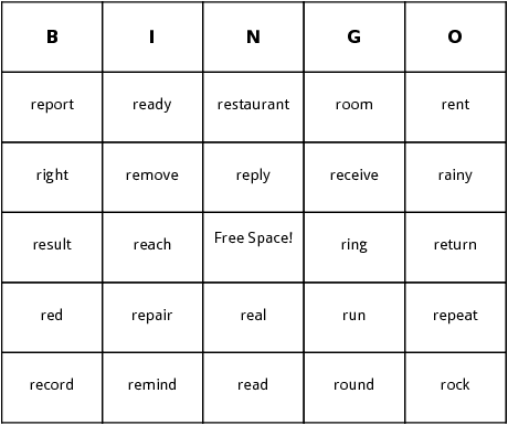 r words bingo cards