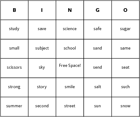 s words bingo cards