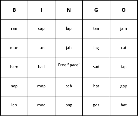 short a words bingo cards