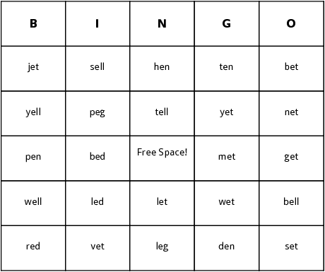 short e words bingo cards