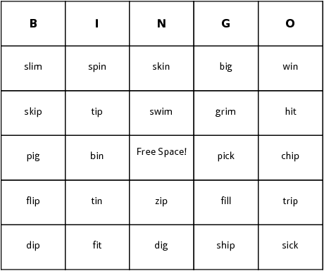 short i words bingo cards