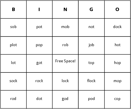 short o words bingo cards