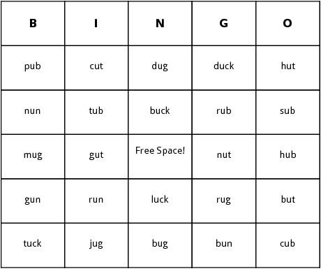 short u words bingo cards