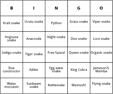 snakes bingo cards