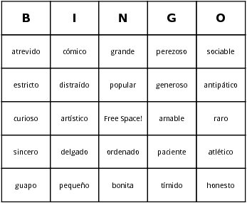spanish adjectives bingo cards