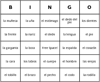 spanish body parts bingo cards