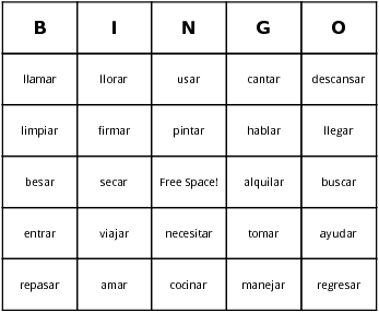 spanish verbs ending in ar bingo cards