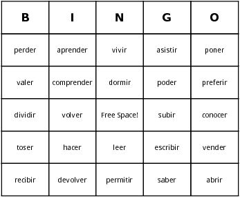 spanish verbs ending in ir er bingo cards