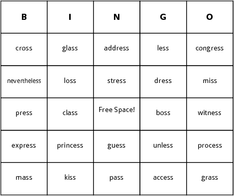ss ending words bingo cards