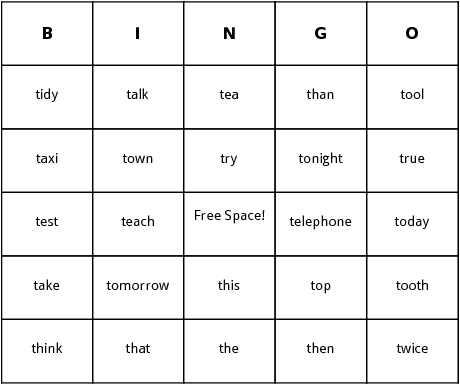 t words bingo cards