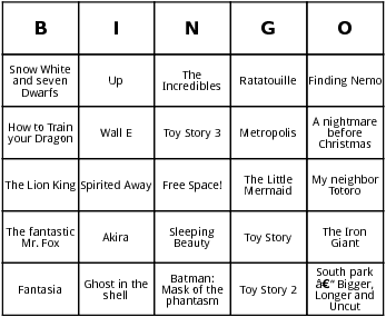 top 25 animated movies bingo cards