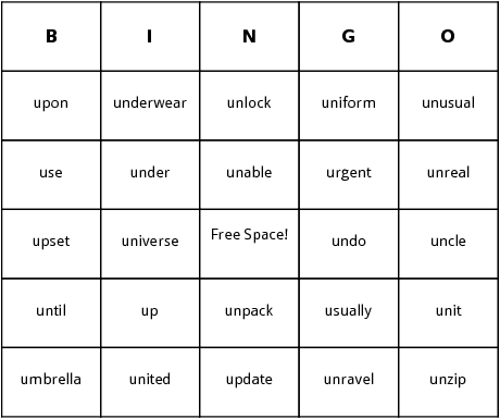 u words bingo cards