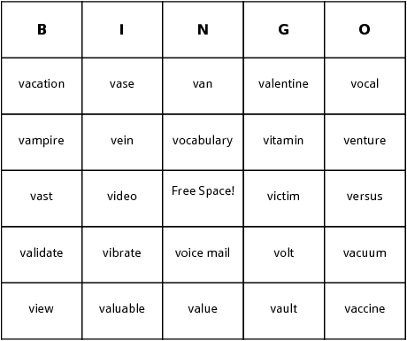 v words bingo cards