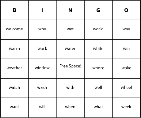 w words bingo cards