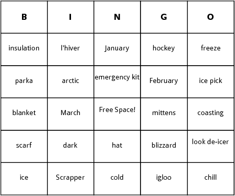 winter bingo cards