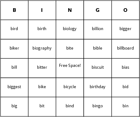 words beginning with bi bingo cards