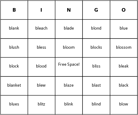 words beginning with bl bingo cards